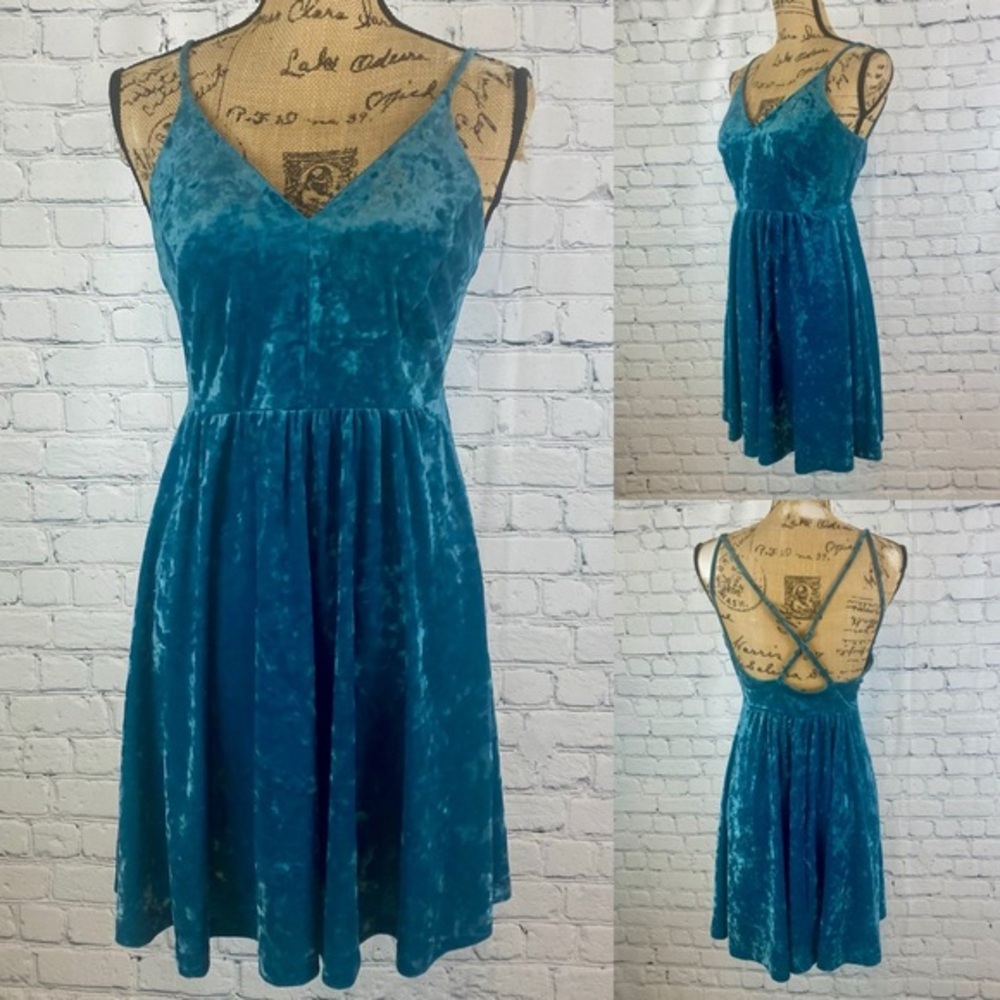 Wild Fable Teal Crush Velvet Strappy Back Dress